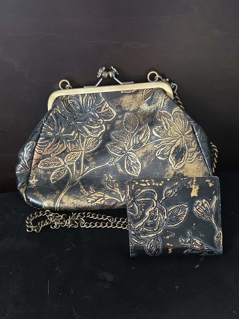 Patricia Nash Black & Metallic Gold Tooled Leather Frame Bag & Matching Wallet